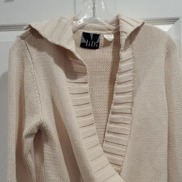 Lidi Cream cotton blend Chunky Knit Sweater Deep V Plunging Blouse top L - Picture 2 of 4